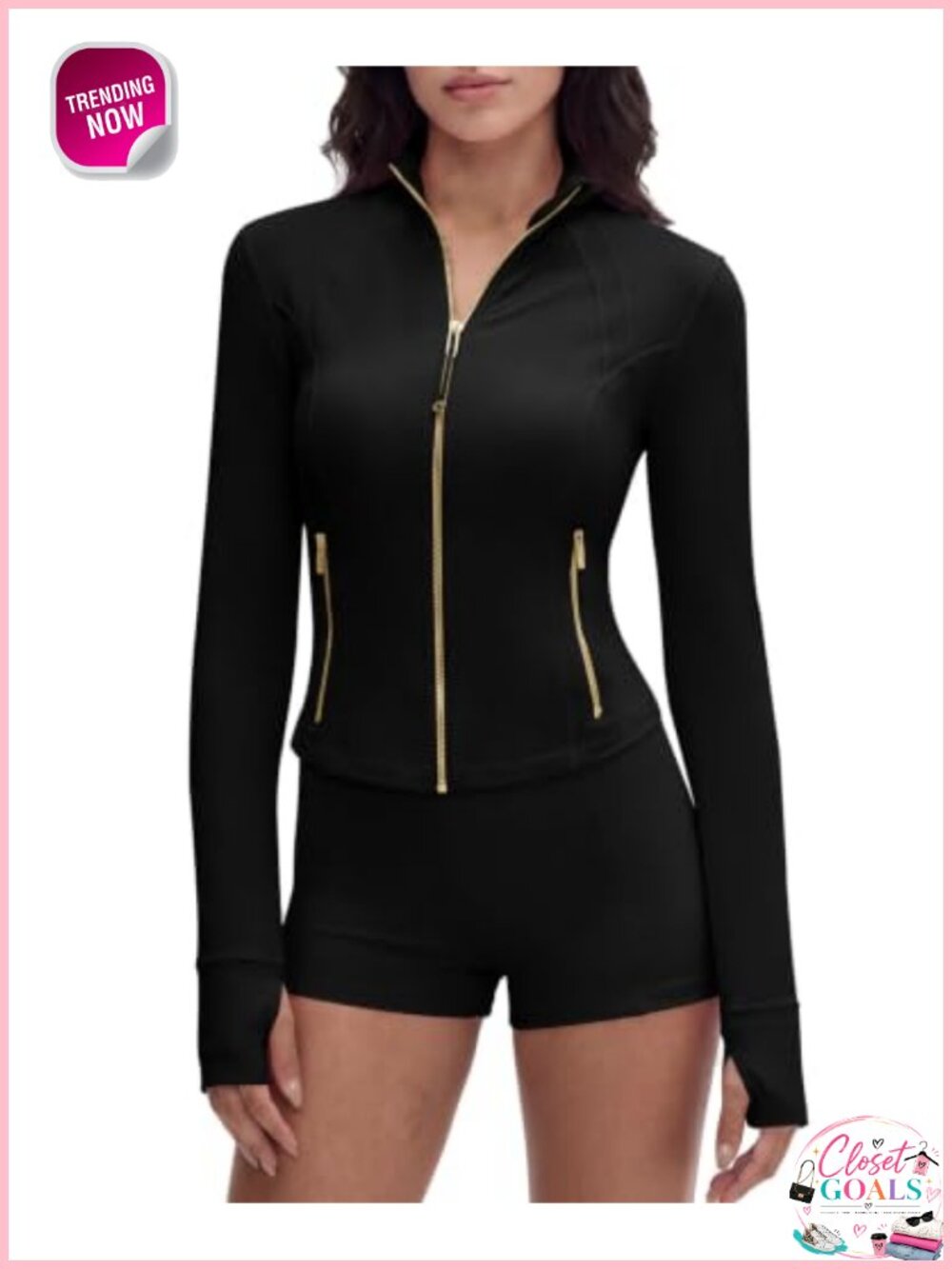 Golden Zipper Cropped Active Jacket with Thumb Holes